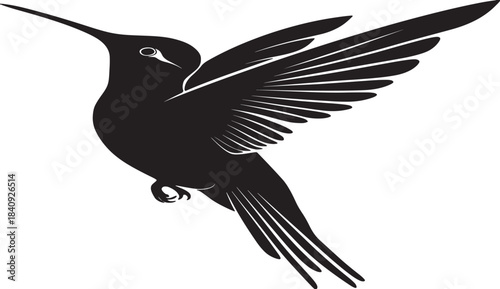 A striking black silhouette of a hummingbird in mid flight wings fully extended