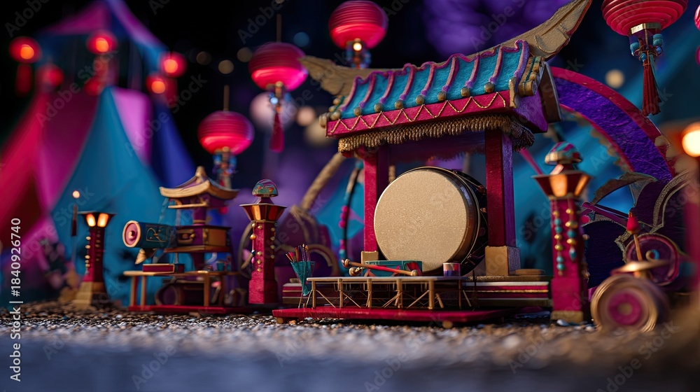 Fototapeta premium Colorful Traditional Asian Festival Scene with Oriental Drums and Lanterns in Vibrant Decorations for Cultural Celebrations