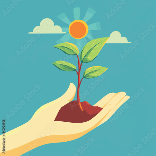 Dedicated caregiver shields fragile new sprout from harsh sun, nurturing growth and life with protective care and gentle attention , vector style simple color