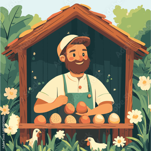 Farmer collecting fresh eggs from happy chickens in a rustic coop, embodying sustainable agriculture and natural living , vector style simple color
