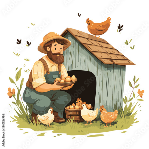 Farmer collecting fresh eggs from happy chickens in a rustic coop, embodying sustainable agriculture and natural living , vector style simple color