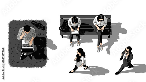 Top view people working outdoors, digital nomads on laptops and tablets, site plan vector assets