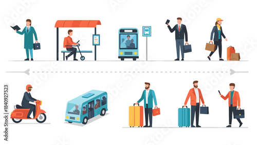 Top view urban commuters, cyclists and e-scooter users, transit site plan vector entourage