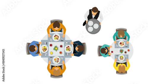 Top view restaurant dining people, waiters and bistro tables, outdoor terrace site plan assets