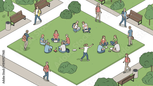 Bird's eye view students, university campus lawn scene, isometric landscape architecture assets