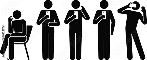 A collection of black stick figures demonstrating diverse interactions and common uses of smartphones