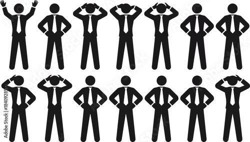 A diverse group of black stick figures representing businessmen in various poses and emotional states