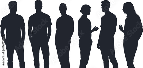 A diverse group of six adult people silhouettes in various poses including communication