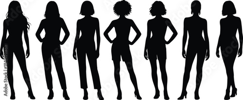 A diverse group of seven black full body female silhouettes showcasing various postures and clothing on white