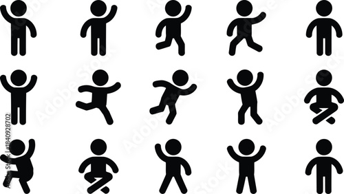 A grid shows fifteen black stick figures in diverse active and sitting positions