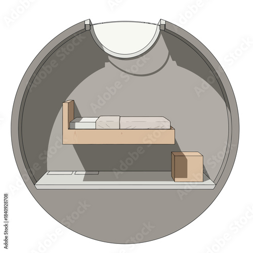 Minimalist bedroom interior with a raised bed and bedside table.