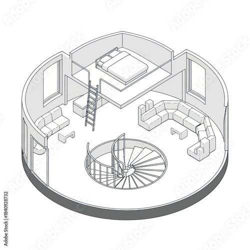 Modern Circular House Interior Design with Loft Bedroom and Spiral Staircase.