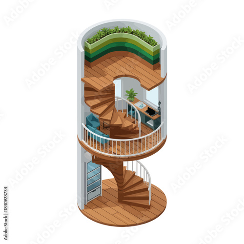 Modern Cylindrical Building with Spiral Staircases and Rooftop Garden.