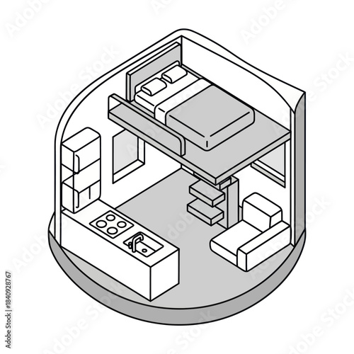 Compact Living Space Design with Lofted Bed and Kitchenette.