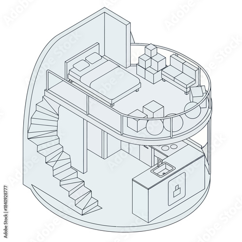 Modern Tiny House Interior Design with Loft Bedroom and Spiral Staircase.
