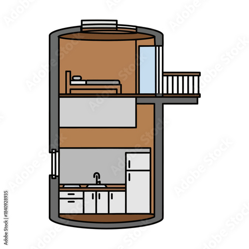 Cross section of a modern tiny house interior design with loft bedroom and kitchen.