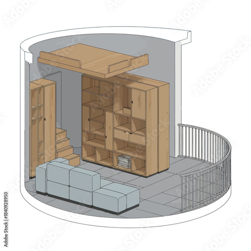 Modern Compact Living Space with Integrated Furniture and Balcony.