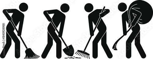 A sequence of black stick figures performing general cleaning, digging, and carrying duties using tools