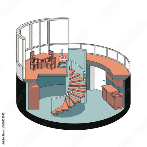 Modern Circular Interior Design with Spiral Staircase and Dining Area.