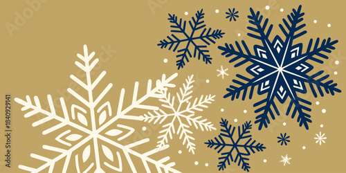 Merry Christmas and Happy New Year greeting set inside a modern flat line art snowflake border, ideal for clean festive vector design.