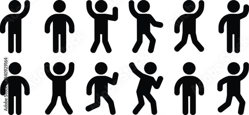 A small grid features twelve black stick figures performing a range of common human movements