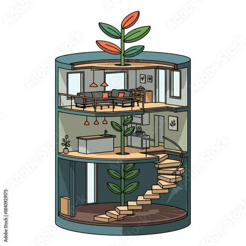 Cross section of a modern multi-story building with interior design and plants.