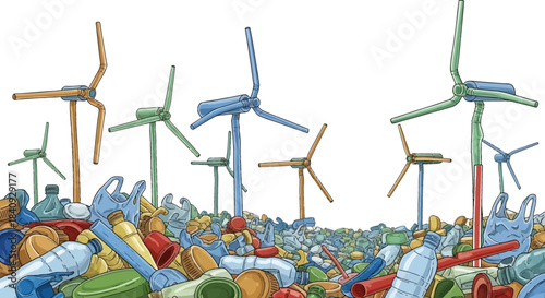 Hand-drawn wind turbines made of colorful plastic straws sprouting from a massive pile of discarded bottles and caps.