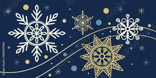 Elegant snowflake border in flat line art style decorating a Merry Christmas and Happy New Year background, ideal for holiday greeting card design.
