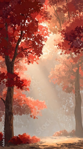 Tall trees display vibrant red foliage creating a mysterious atmosphere in the woods