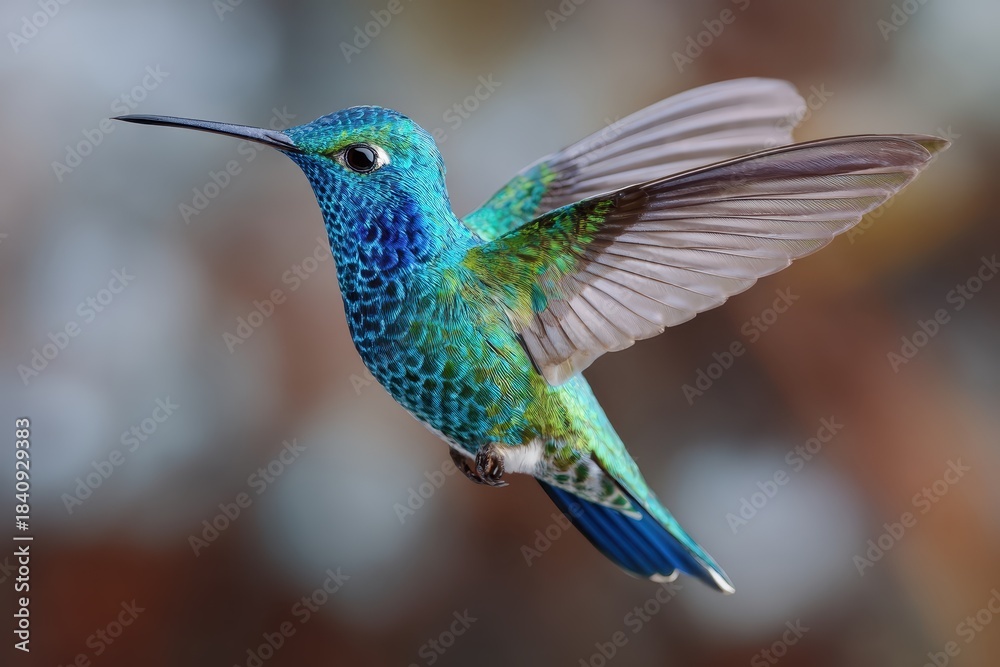 Naklejka premium Majestic hummingbird in dynamic flight showcasing its vibrant plumage against a blurred natural background at golden hour