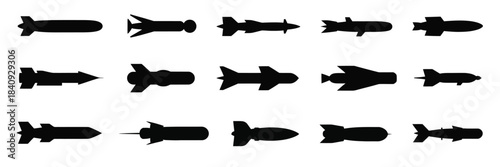 Missile and rocket icon collection. showcasing weapon silhouettes, combat projectile symbols