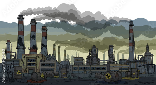 Decaying industrial factory with smoking chimneys and leaking radioactive waste barrels.