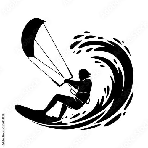 Black silhouette of a kitesurfer riding a wave