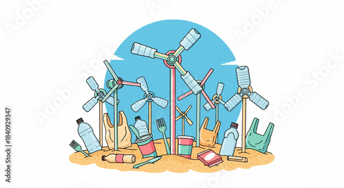 Cartoon Wind Turbines Made of Plastic Bottles and Litter on Sand.