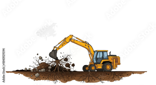 Bright yellow excavator digging soil rocks and tree roots heavy machinery illustration.