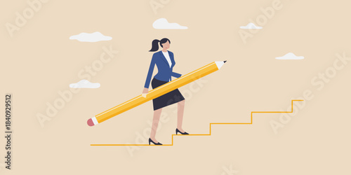 A businesswoman walking up stairs made of a pencil symbolizing progress