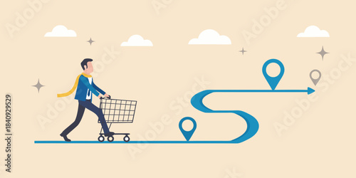 A businessman walking with a shopping cart on a path shaped like an s