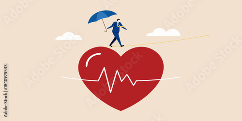 A businessman balances on a rope over a heart with an umbrella