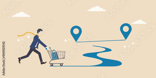 A businessman follows his shopping cart s shadow towards location pins