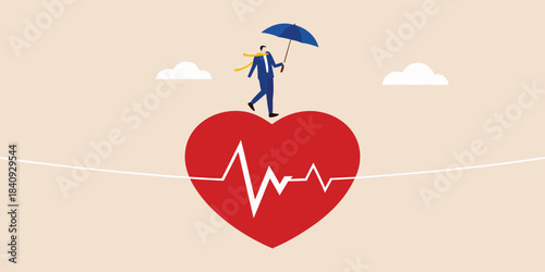 A businessman carefully walks across a heart shaped lifeline with an umbrella