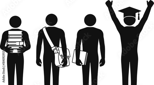 Black silhouettes illustrate students academic journey from studying with books to a graduate celebrating academic success with raised arms