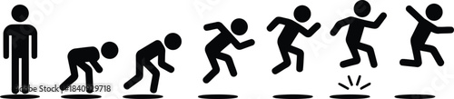 Black stick figures illustrating a person running and leaping over gaps with impact marks