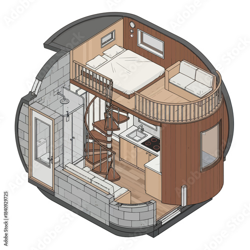 Modern Tiny House Interior Design with Loft Bedroom and Spiral Staircase.