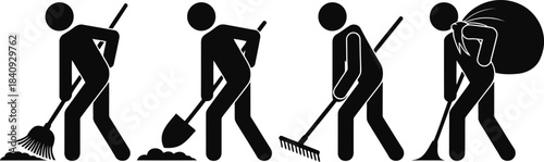 Black stick figures performing different manual tasks like sweeping, shoveling, raking, and lifting