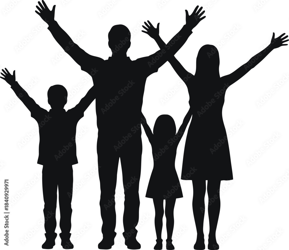Fototapeta premium Family of four parents and two children raising their arms together in a moment of happiness