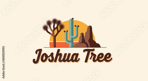 A stylized retro illustration of a desert landscape featuring a Joshua tree, saguaro cactus, and mountains with a setting sun, and the text "Joshua Tree".