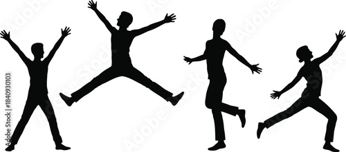 Four black silhouettes of diverse people are actively jumping and dancing with outstretched arms and legs
