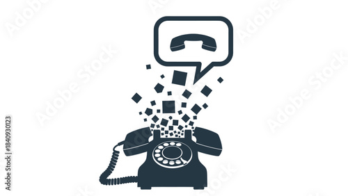 Vintage rotary phone with speech bubble and digital data transfer on