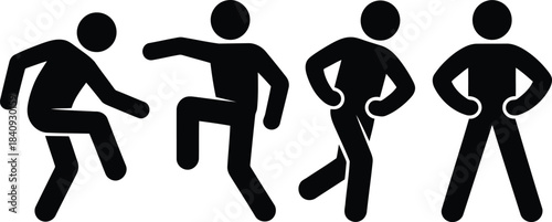 Four black simple human figures demonstrating different walking and stepping actions on a plain white ground