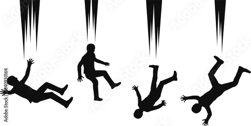 Four black stick figures are shown falling rapidly downwards with motion lines indicating speed and descent
